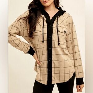 Hem & Thread Tan and Black and Plaid Shacket Jacket w/ Hood NWT Size Large